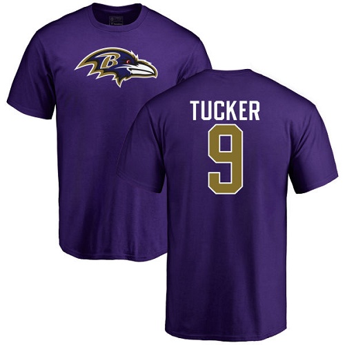 Men Baltimore Ravens Purple Justin Tucker Name and Number Logo NFL Football #9 T Shirt